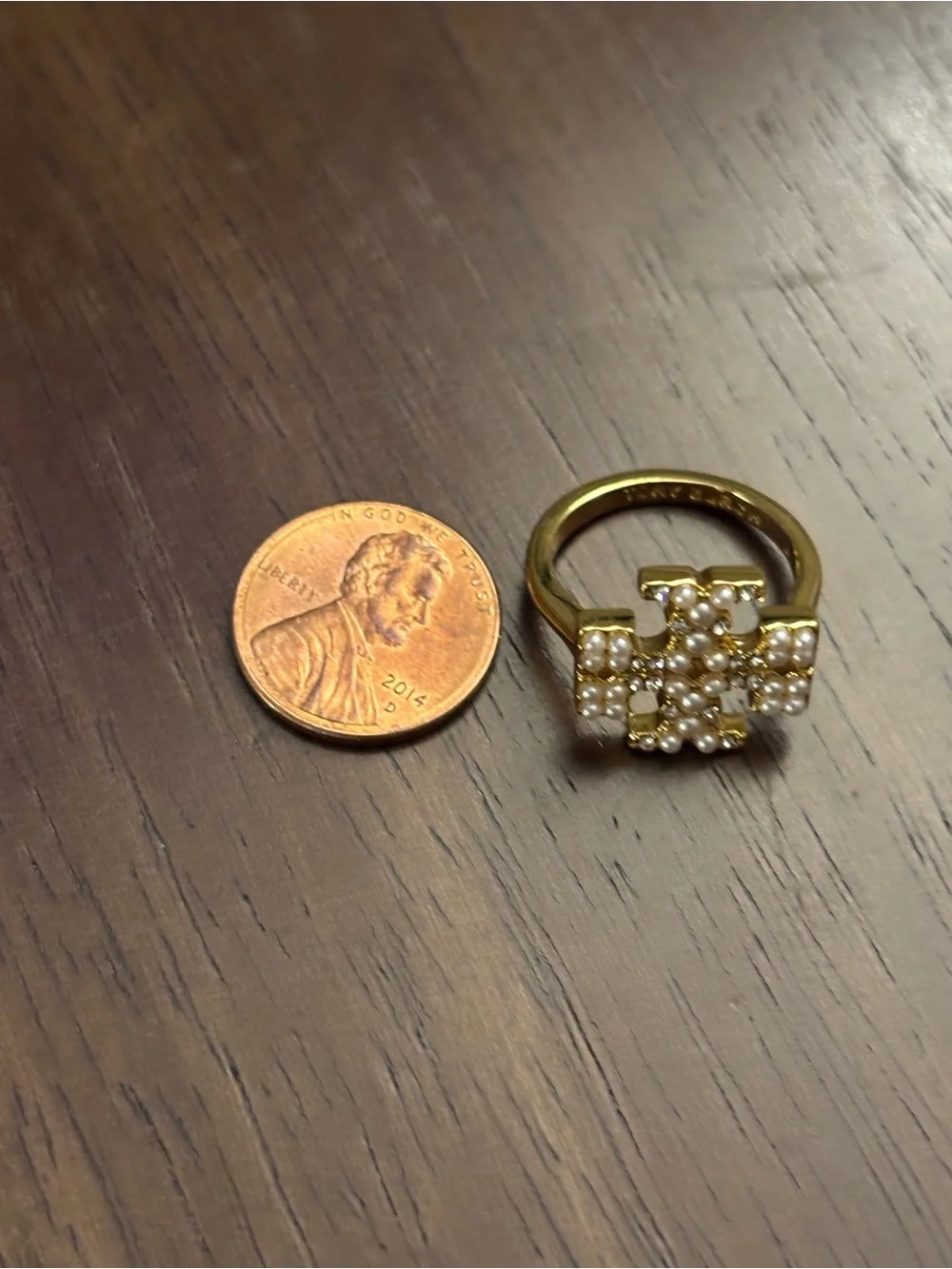 Tory Burch Gold plated Pearl and Crystal Logo Ring size 7